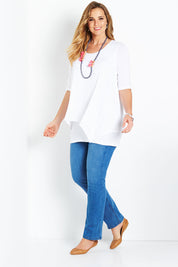 Model Bree wearing size 14 of the Belle Half Sleeve Forgiver Tunic in colour White (White)