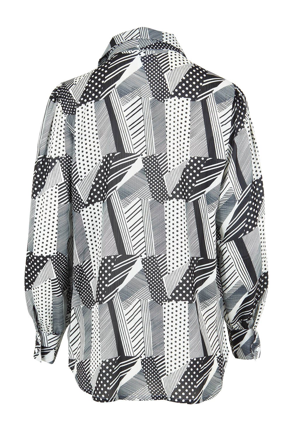 Product shot of the Belle Full Sleeve Printed Shirt in colour Blackivory (Black), from the back