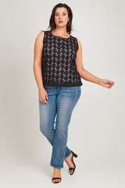 Model Poppy wearing size 16 of the Belle Lined Embroided Tank in colour Black (Black), from the front, showing the whole outfit