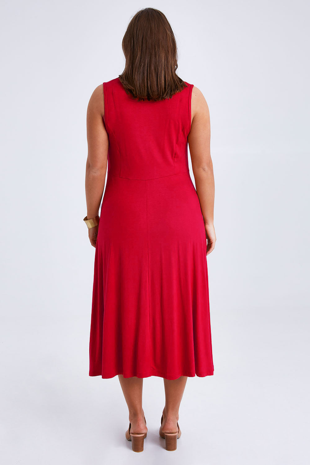 Model Monique wearing size 14 of the Belle Summer Fit & Flare Dress in colour Red (Red), from the back