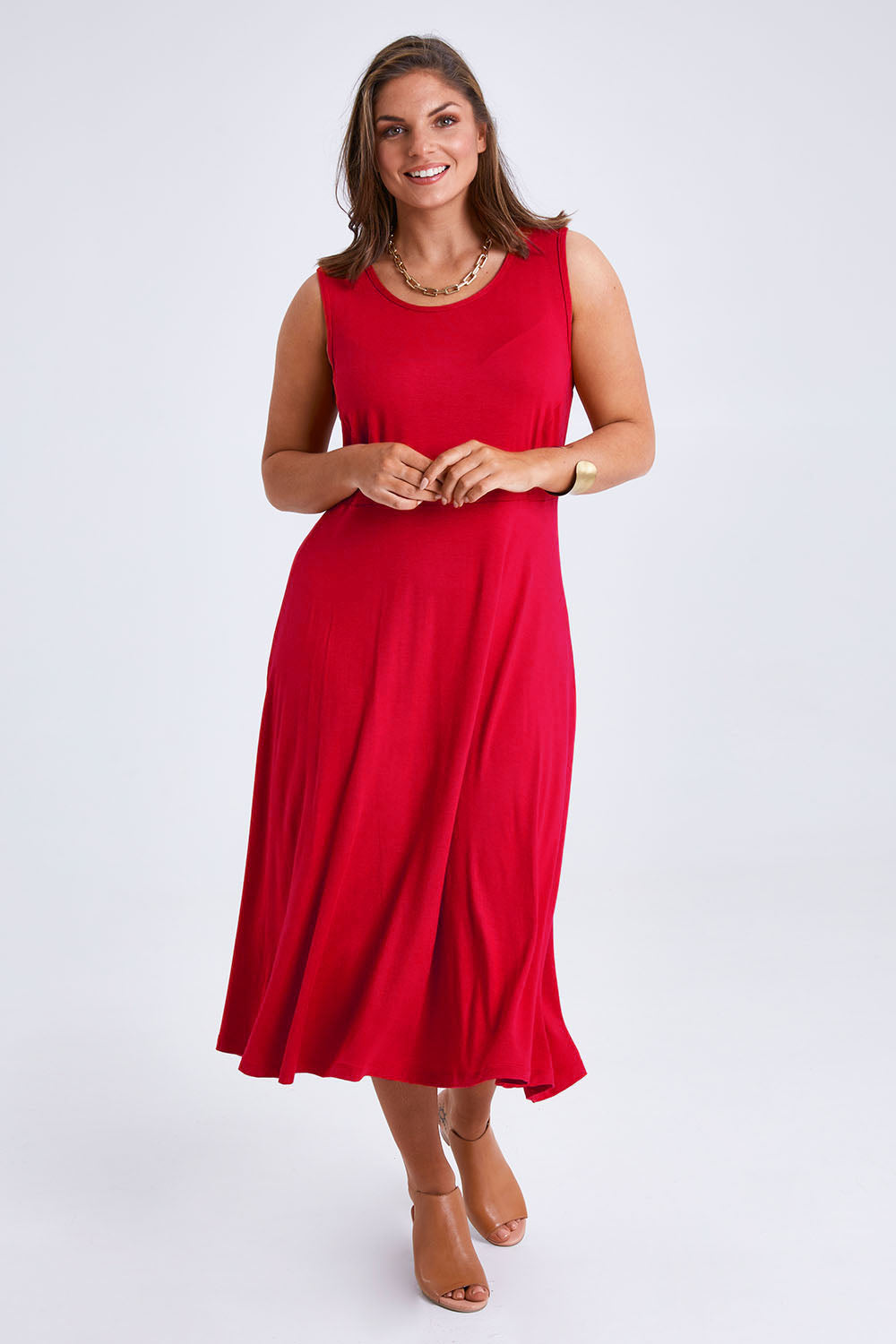 Model Monique wearing size 14 of the Belle Summer Fit & Flare Dress in colour Red (Red), from the front, showing the whole outfit