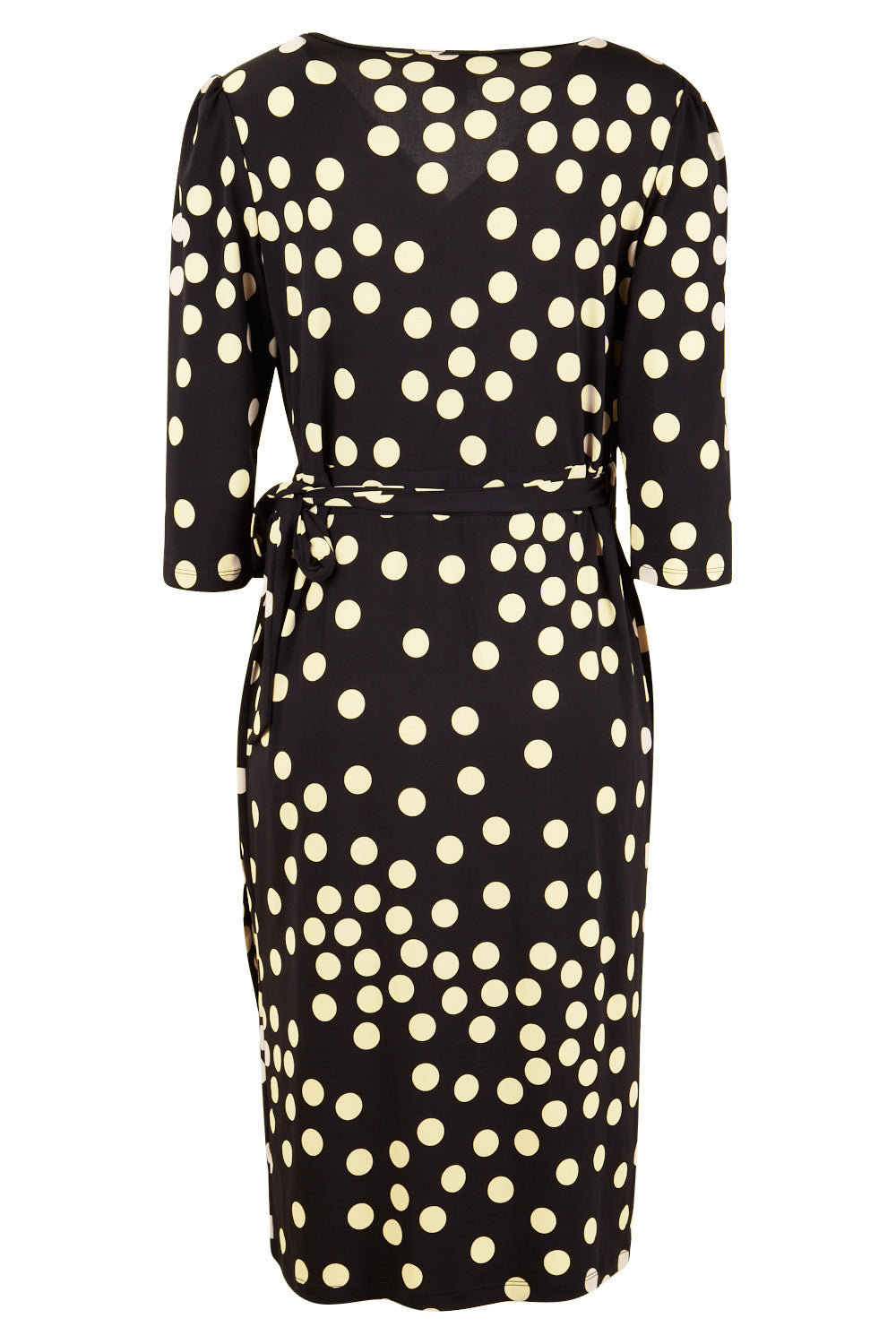 Product shot of the Belle Spot Print Wrap Dress in colour Black (Black), from the back