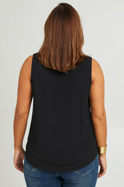 Model Monique wearing size 14 of the Belle Double Layer Woven Tank in colour Black (Black), from the back
