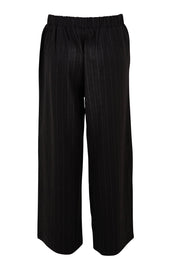 Product shot of the Belle Wide Leg Printed Ponte Pant in colour Blackstrip (Black), from the back