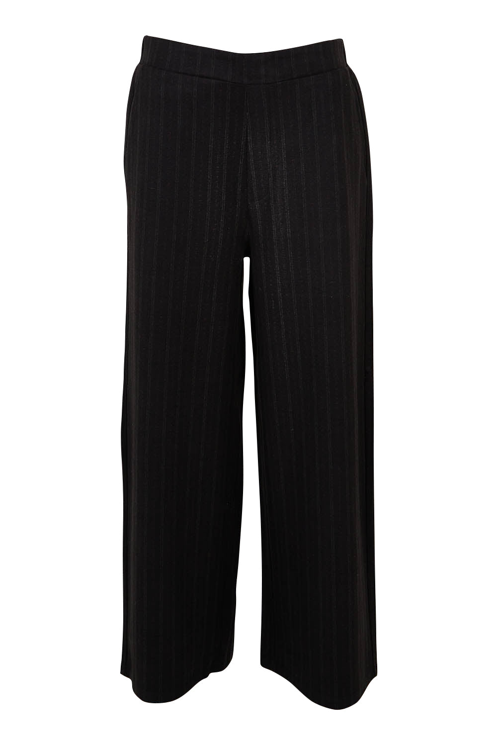 Product shot of the Belle Wide Leg Printed Ponte Pant in colour Blackstrip (Black), from the front