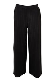 Product shot of the Belle Wide Leg Printed Ponte Pant in colour Blackstrip (Black), from the front