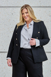 Model Caitlin wearing size 18 of the Belle Boucle Double Breasted Jacket in colour Black (Black), from the front, showing the whole outfit