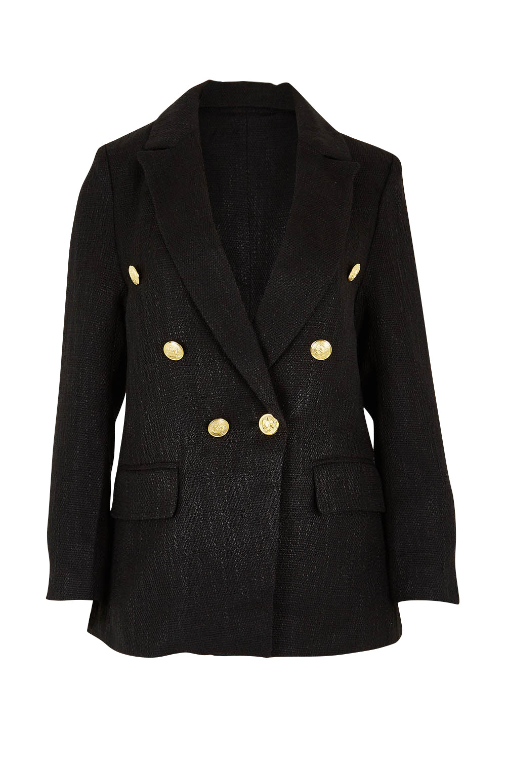 Product shot of the Belle Boucle Double Breasted Jacket in colour Black (Black), from the front