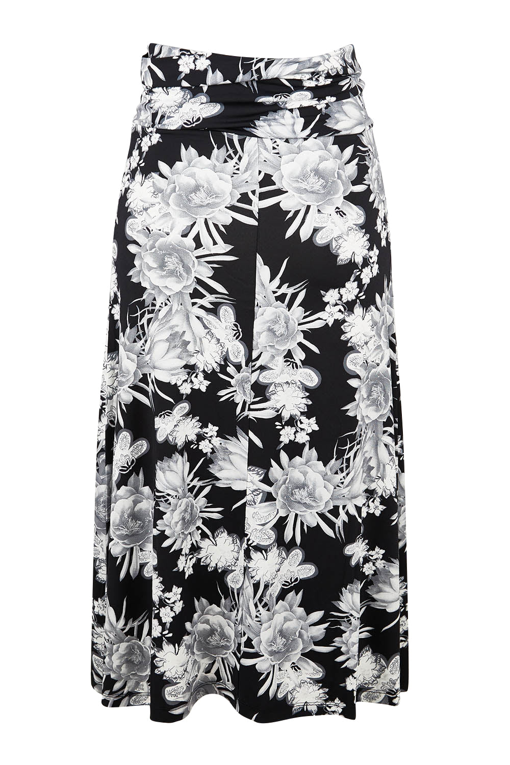 Product shot of the Belle Printed Flared Skirt in colour Blackgrey (Black), from the back