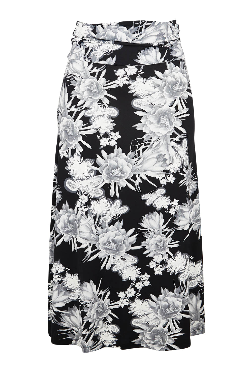 Product shot of the Belle Printed Flared Skirt in colour Blackgrey (Black), from the front