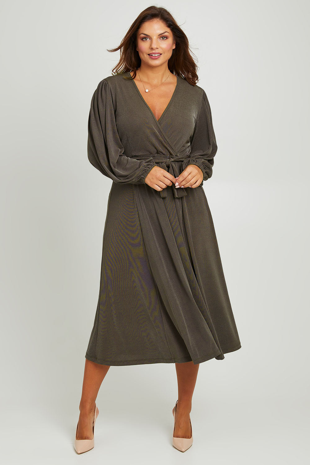 Model Monique wearing size 14 of the Belle Full Skirt Dress in colour Khaki (Green), from the front, showing the whole outfit