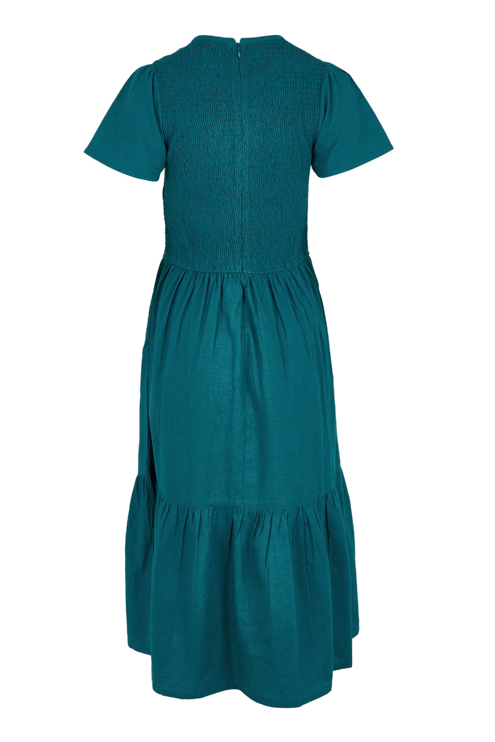 Product shot of the Belle Cotton Shirred Bodice Dress in colour Deepocean (Green), from the back
