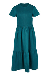 Product shot of the Belle Cotton Shirred Bodice Dress in colour Deepocean (Green), from the front