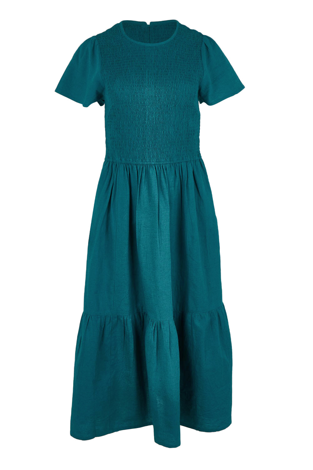 Product shot of the Belle Cotton Shirred Bodice Dress in colour Deepocean (Green), from the front