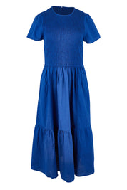 Product shot of the Belle Cotton Shirred Bodice Dress in colour Marineblue (Blue), from the front