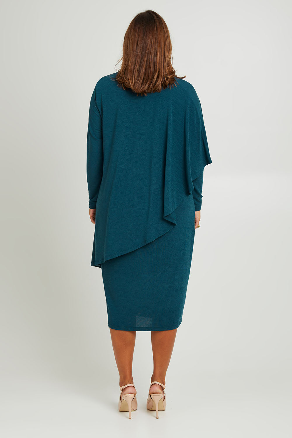Model Monique wearing size 14 of the Belle Crew Neck Overlay Knit Midi Dress in colour Petrol (Blue), from the back
