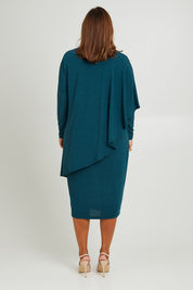 Model Monique wearing size 14 of the Belle Crew Neck Overlay Knit Midi Dress in colour Petrol (Blue), from the back