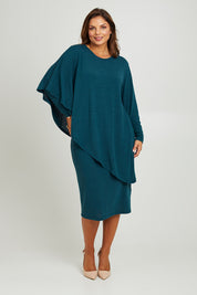 Model Monique wearing size 14 of the Belle Crew Neck Overlay Knit Midi Dress in colour Petrol (Blue), from the front, showing the whole outfit