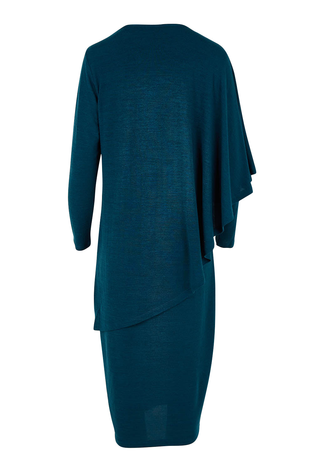 Product shot of the Belle Crew Neck Overlay Knit Midi Dress in colour Petrol (Blue), from the back