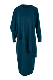 Product shot of the Belle Crew Neck Overlay Knit Midi Dress in colour Petrol (Blue), from the front