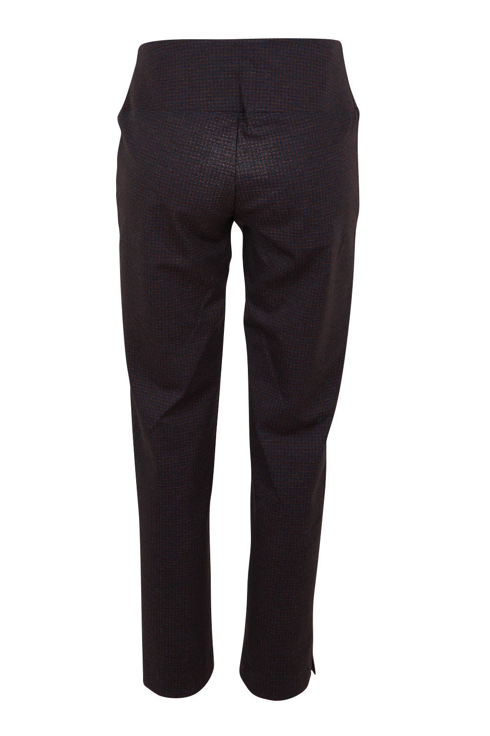 Product shot of the Belle Printed Ponte Pull On Pant in colour Ochrenavy (Blue), from the back