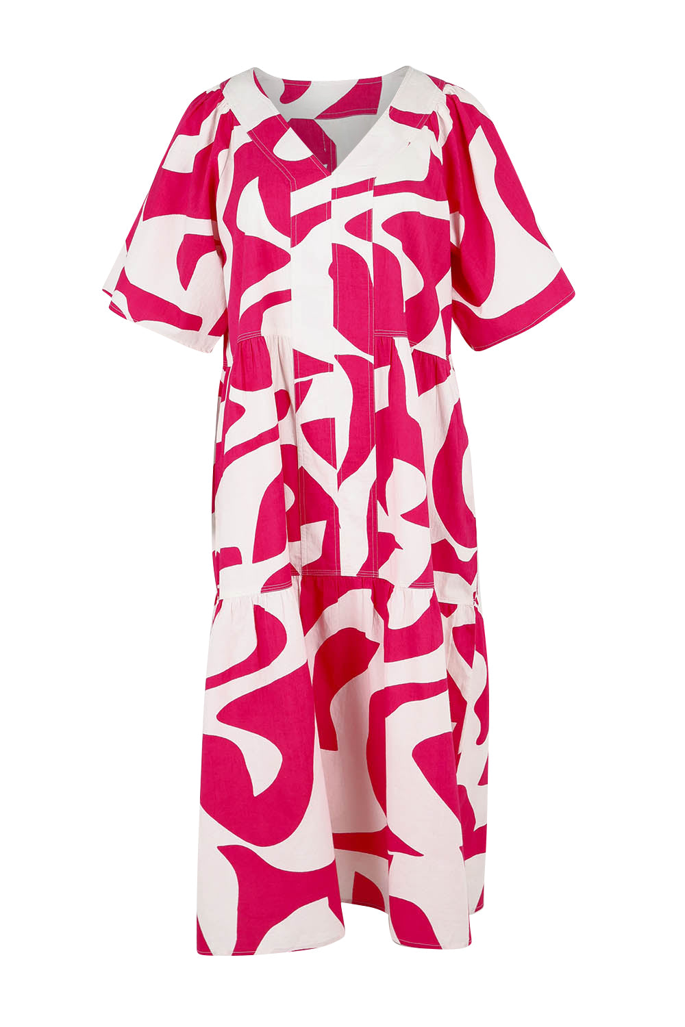 Product shot of the Belle V Panel Tier Dress in colour Pinksorbet (Pink), from the front