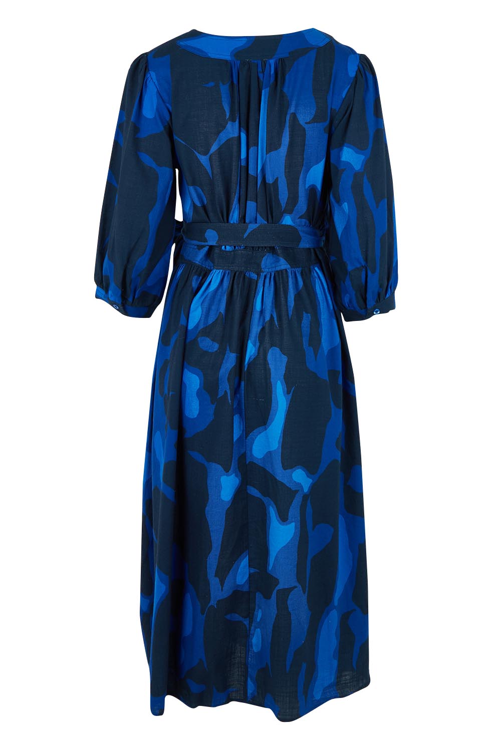 Product shot of the Belle Puff Sleeve Printed  Cotton Wrap Dress in colour Trioofblue (Blue), from the back