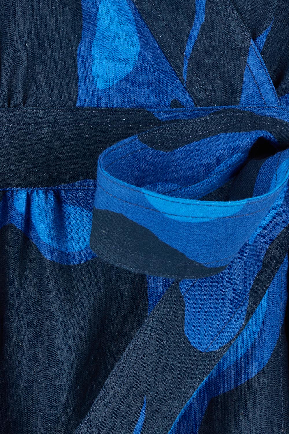 Product shot of the Belle Puff Sleeve Printed  Cotton Wrap Dress in colour Trioofblue (Blue), detail