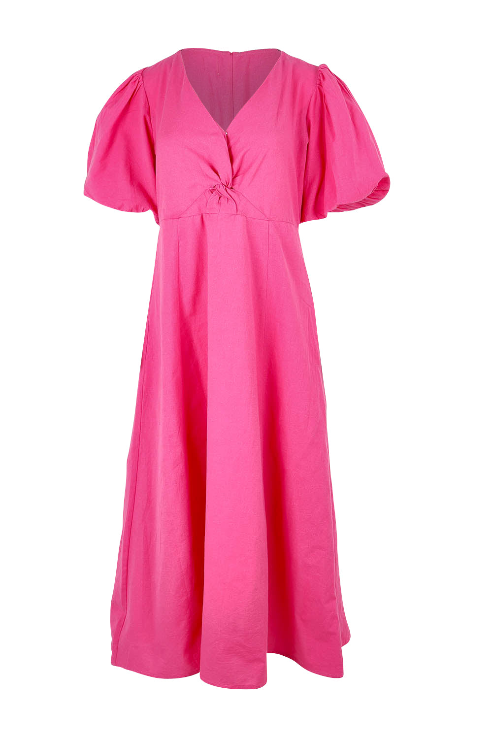 Product shot of the Belle Twist Knot Detail Cotton Dress in colour Candypink (Pink), from the front