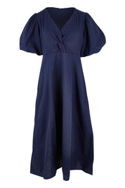 Product shot of the Belle Twist Knot Detail Cotton Dress in colour Darknavy (Blue), from the front