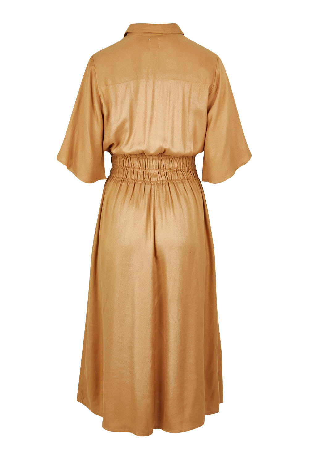 Product shot of the Belle Shirred Shirtmaker Dress in colour Pebble, from the back