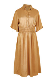 Product shot of the Belle Shirred Shirtmaker Dress in colour Pebble, from the front