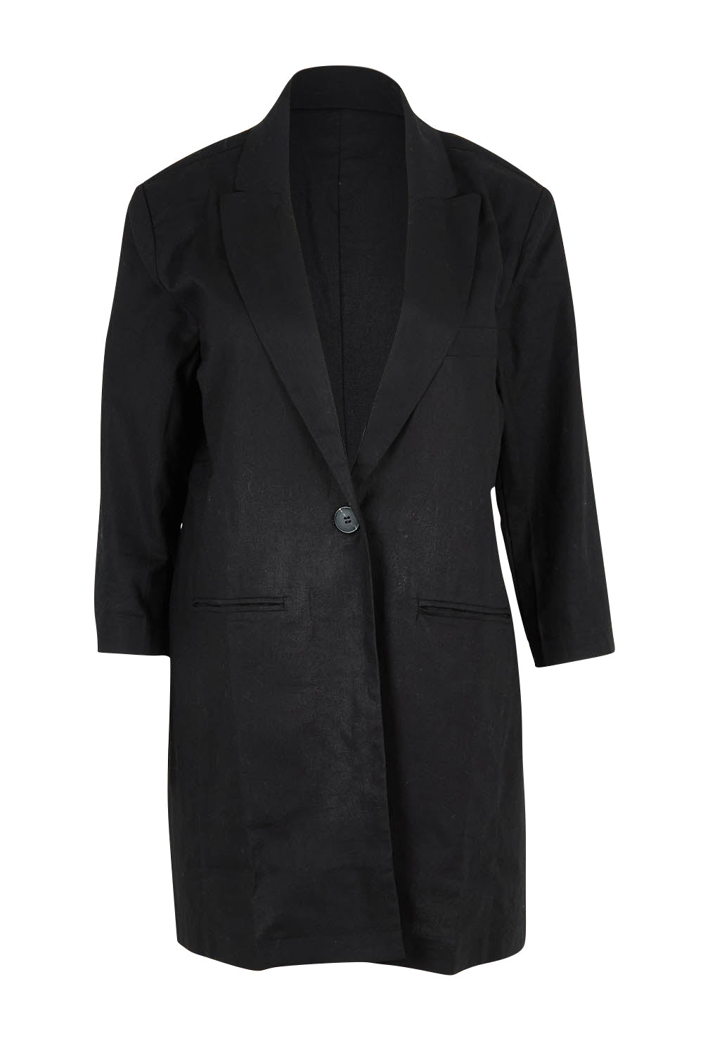Product shot of the Belle Linen Cotton Long  Blazer in colour Black (Black), from the front