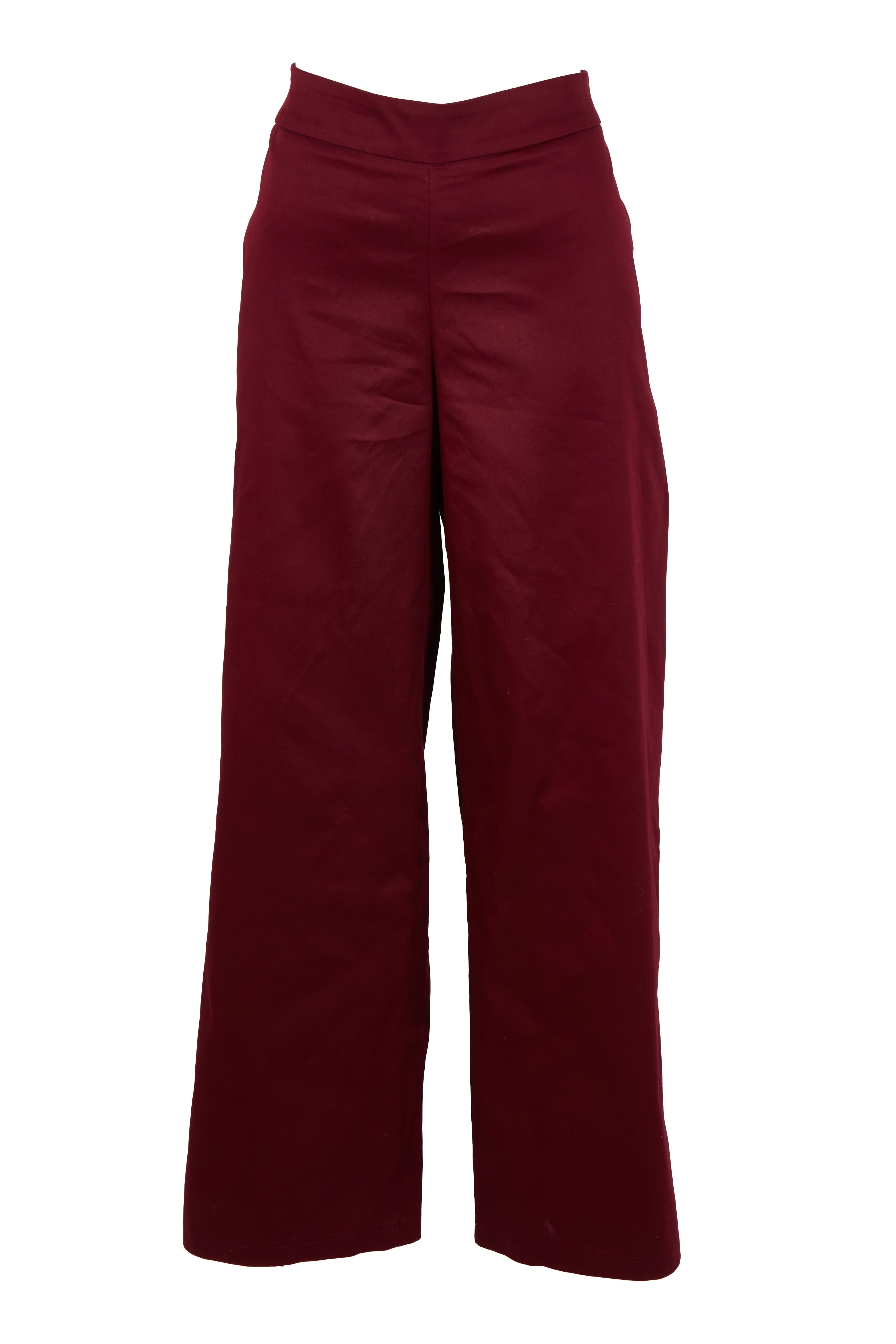 Product shot of the Belle Cotton Comfort Wide Leg Pant in colour Burgundy (Purple), from the front