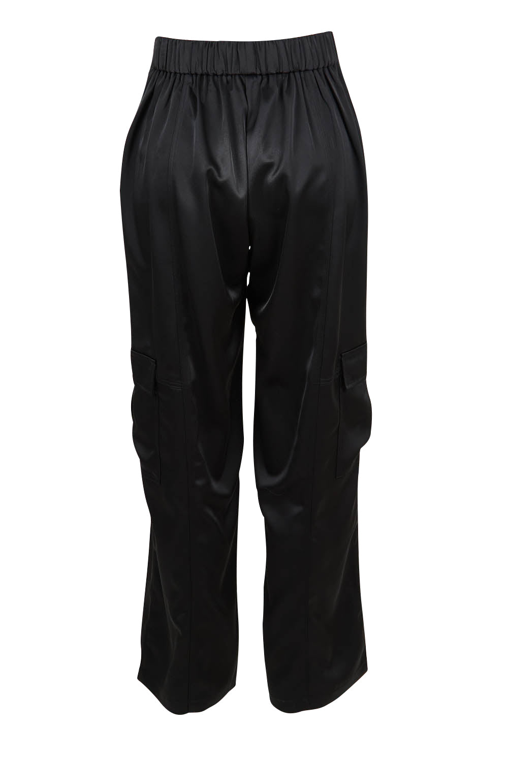 Product shot of the Belle Pull On Satin Cargo Pants in colour Black (Black), from the back