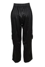 Product shot of the Belle Pull On Satin Cargo Pants in colour Black (Black), from the back