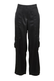 Product shot of the Belle Pull On Satin Cargo Pants in colour Black (Black), from the front