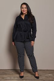 Model Ashleigh wearing size 16 of the Belle Tie Waist Cotton Shirt in colour Black (Black), from the front, showing the whole outfit