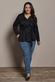Model Ashleigh wearing size 16 of the Belle Tie Waist Cotton Shirt in colour Black (Black), from the front, showing the whole outfit