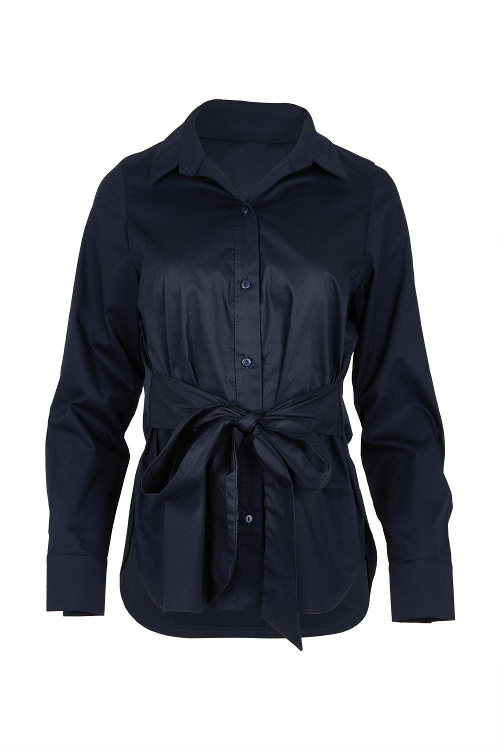 Product shot of the Belle Tie Waist Cotton Shirt in colour Navy (Blue), from the front