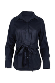 Product shot of the Belle Tie Waist Cotton Shirt in colour Navy (Blue), from the front