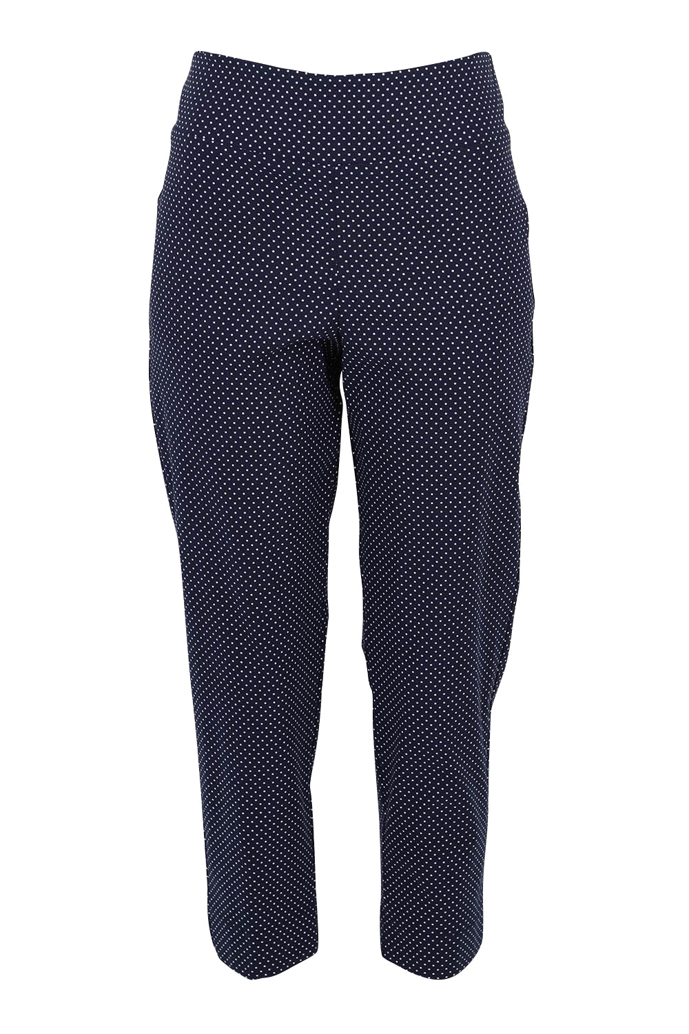 Product shot of the Belle Printed Slim Pant in colour Navyspot (Blue), from the front
