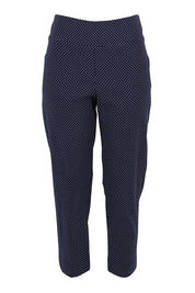 Product shot of the Belle Printed Slim Pant in colour Navyspot (Blue), from the front