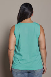 Model Ashleigh wearing size 16 of the Belle Luxe Cotton Tank in colour Aqua (Blue), from the back