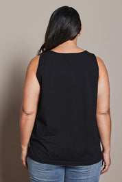 Model Ashleigh wearing size 16 of the Belle Luxe Cotton Tank in colour Black (Black), from the back