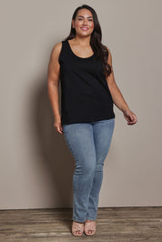Model Ashleigh wearing size 16 of the Belle Luxe Cotton Tank in colour Black (Black), from the front, showing the whole outfit