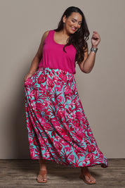 Model Ashleigh wearing size 16 of the Belle Luxe Cotton Tank in colour Fuschia (Pink), from the front, showing the whole outfit