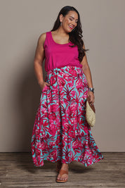 Model Ashleigh wearing size 16 of the Belle Luxe Cotton Tank in colour Fuschia (Pink), from the front, showing the whole outfit