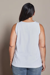 Model Ashleigh wearing size 16 of the Belle Luxe Cotton Tank in colour White (White), from the back