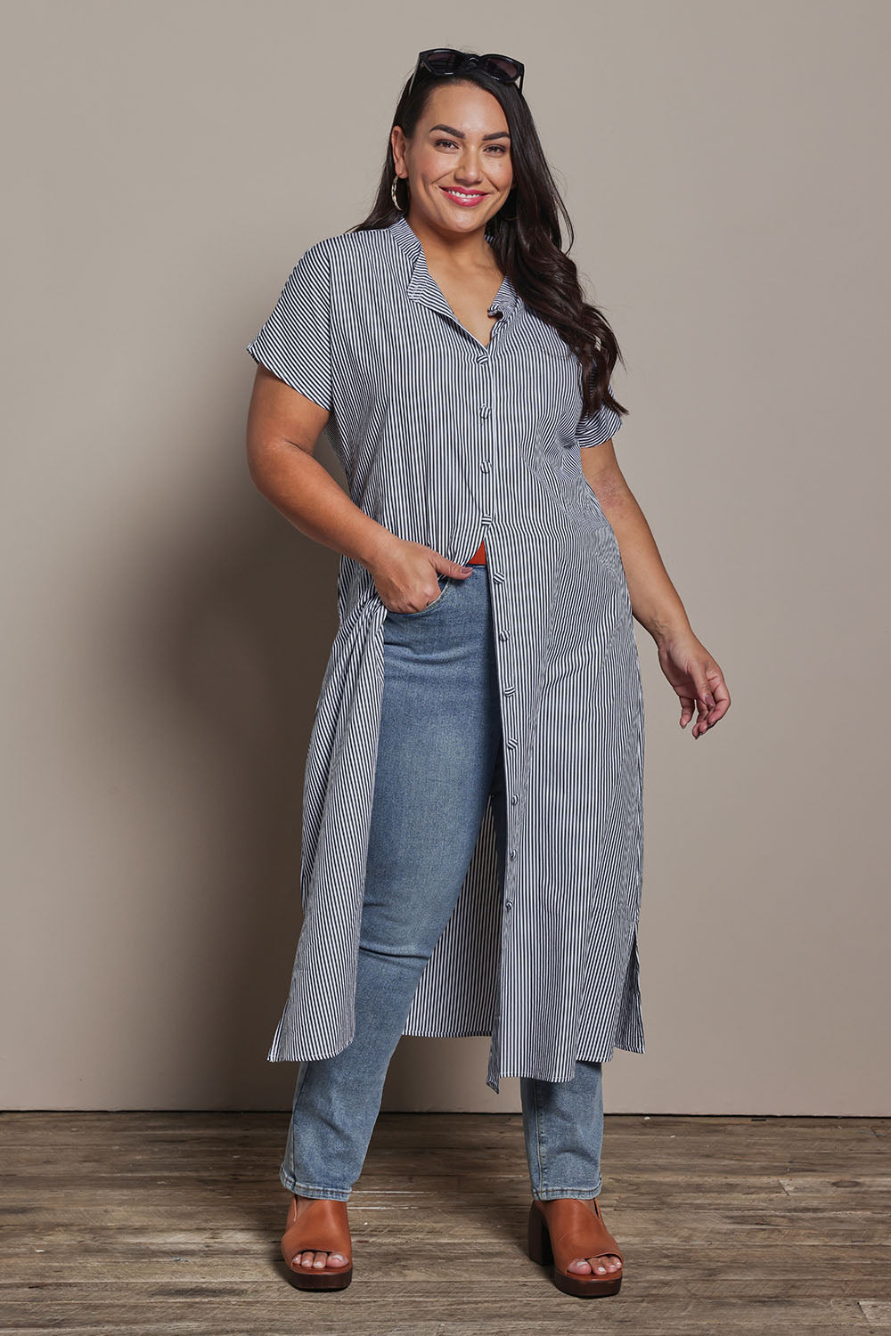 Model Ashleigh wearing size 16 of the Belle Striped Cotton Shirtmaker Dress in colour Blackwhite (Black), from the front, showing the whole outfit
